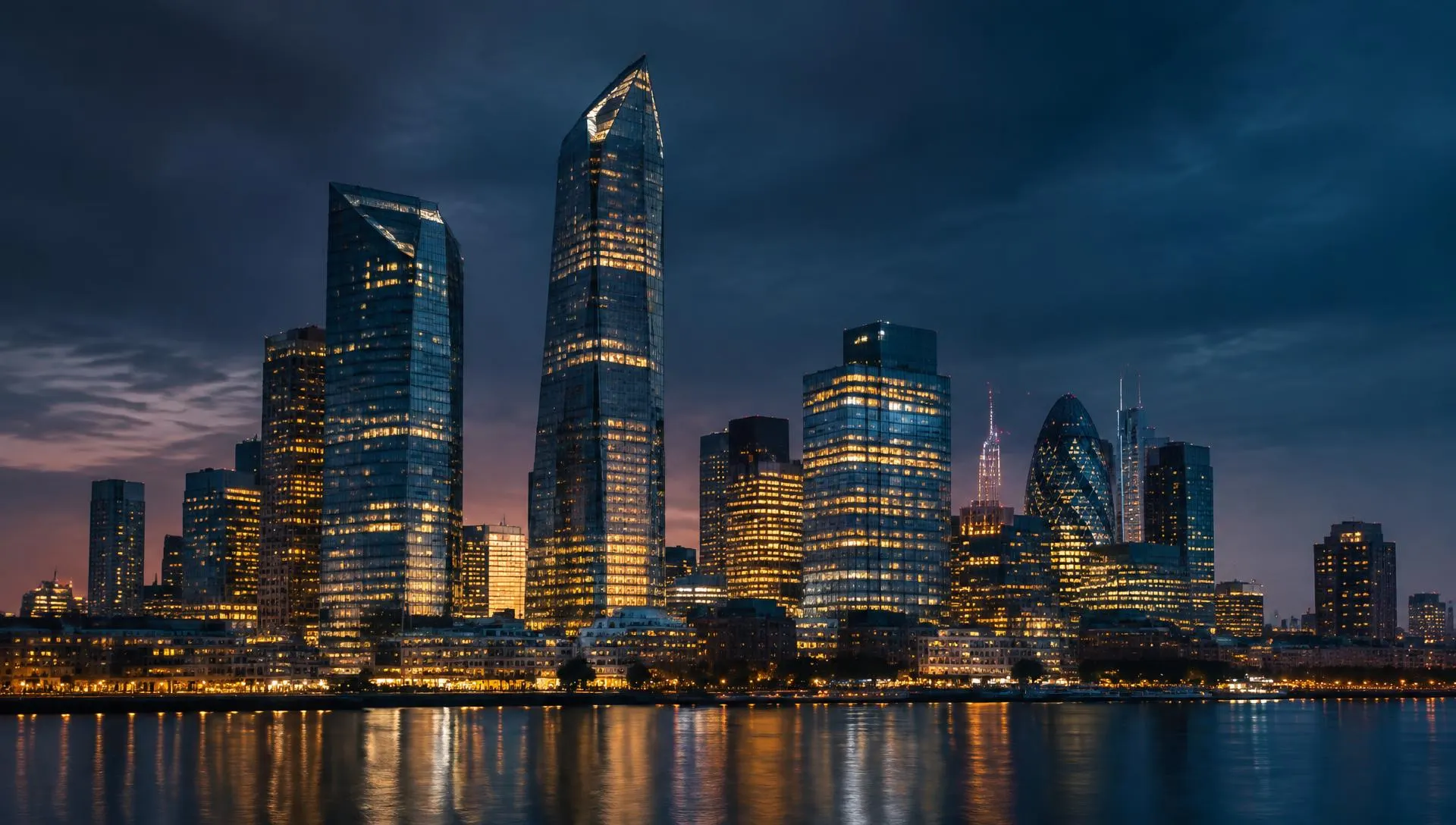 Financial district skyline at twilight with illuminated glass towers reflected in the water