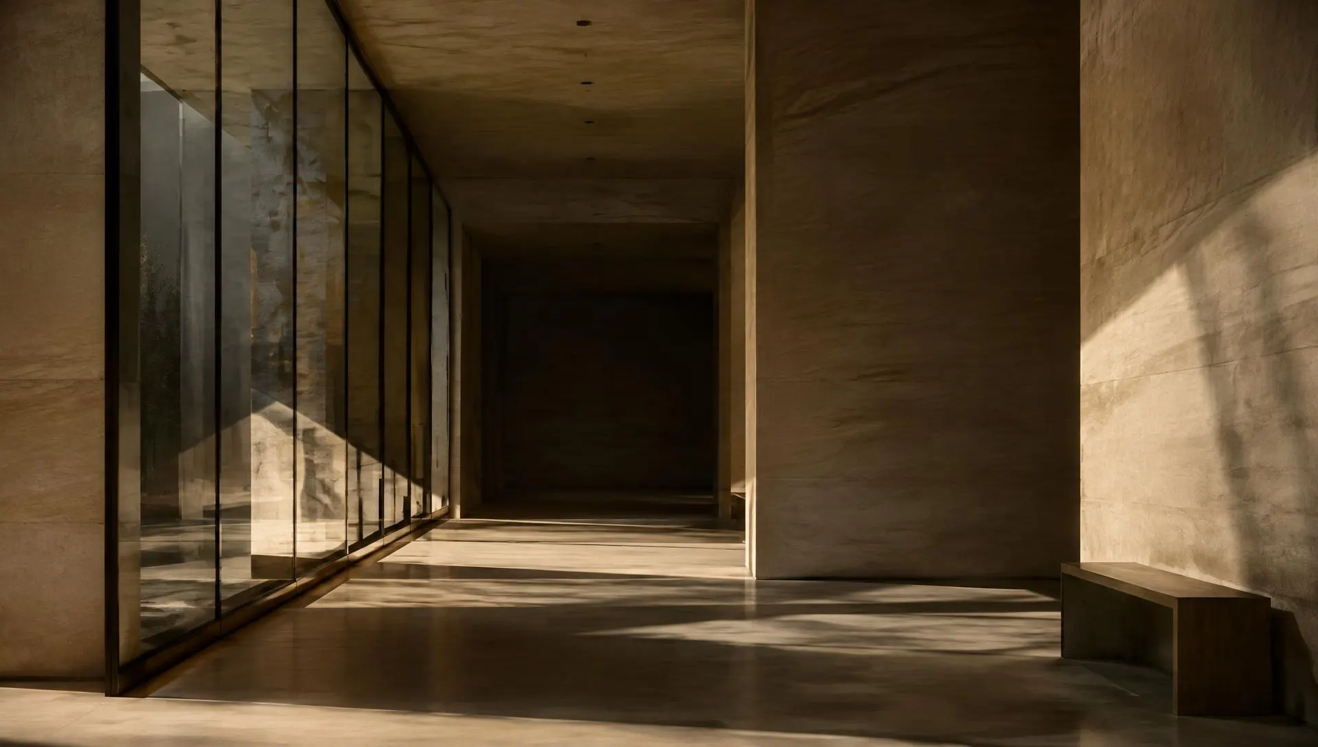 Minimalist stone and glass passage with deep shadows and soft natural light